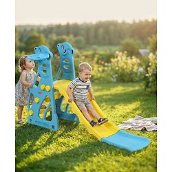Babyhug 2-in-1 Penguine Slide With Basketball Hoop - Yellow & Blue| Smooth Slide Slide with Extended Landing| Indoor & Outdoor Active Play| Improves Motor Skills, Balance & Coordination| BIS Certified
