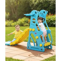Babyhug 2-in-1 Penguine Slide With Basketball Hoop - Yellow & Blue| Smooth Slide Slide with Extended Landing| Indoor & Outdoor Active Play| Improves Motor Skills, Balance & Coordination| BIS Certified