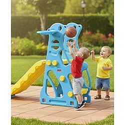 Babyhug 2-in-1 Penguine Slide With Basketball Hoop - Yellow & Blue| Smooth Slide Slide with Extended Landing| Indoor & Outdoor Active Play| Improves Motor Skills, Balance & Coordination| BIS Certified