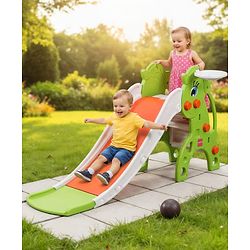 Babyhug 2-in-1 Penguine Slide With Basketball Hoop - Yellow & Blue| Smooth Slide Slide with Extended Landing| Indoor & Outdoor Active Play| Improves Motor Skills, Balance & Coordination| BIS Certified