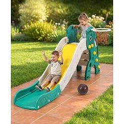 Babyhug 2-in-1 Penguine Slide With Basketball Hoop - Yellow & Blue| Smooth Slide Slide with Extended Landing| Indoor & Outdoor Active Play| Improves Motor Skills, Balance & Coordination| BIS Certified
