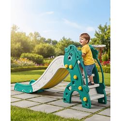 Babyhug 2-in-1 Penguine Slide With Basketball Hoop - Yellow & Blue| Smooth Slide Slide with Extended Landing| Indoor & Outdoor Active Play| Improves Motor Skills, Balance & Coordination| BIS Certified