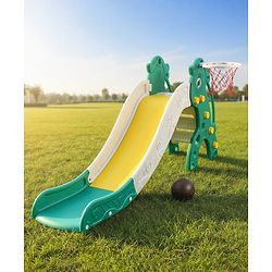 Babyhug 2-in-1 Penguine Slide With Basketball Hoop - Yellow & Blue| Smooth Slide Slide with Extended Landing| Indoor & Outdoor Active Play| Improves Motor Skills, Balance & Coordination| BIS Certified