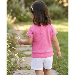 Babyhug Cotton Knit Half Sleeves Floral Embroidered Top - Pink