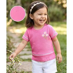 Babyhug Cotton Knit Half Sleeves Floral Embroidered Top - Pink