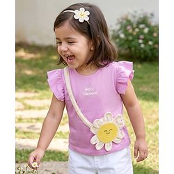 Babyhug Cotton Knit Half Frill Sleeves Floral Applique Top - Mauve