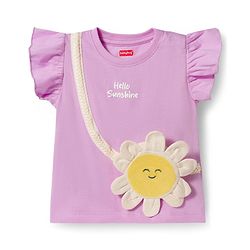 Babyhug Cotton Knit Half Frill Sleeves Floral Applique Top - Mauve