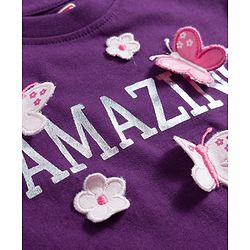 Babyhug Cotton Knit Half Sleeves Top With Floral & Butterfly Applique - Purple