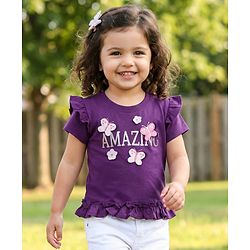 Babyhug Cotton Knit Half Sleeves Top With Floral & Butterfly Applique - Purple