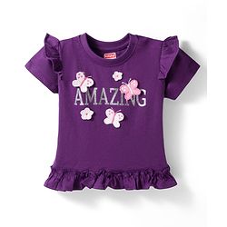 Babyhug Cotton Knit Half Sleeves Top With Floral & Butterfly Applique - Purple
