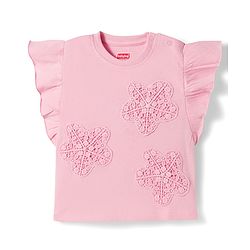 Babyhug 100% Cotton Knit Half Frill Sleeves Top With Floral Embroidery Detailing - Pink
