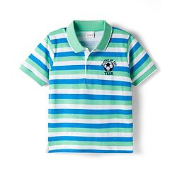 Babyhug Cotton Knit Half Sleeves Striped Polo T-Shirt with Football Player of the Year Embroidery - White Blue & Green