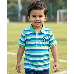 Babyhug Cotton Knit Half Sleeves Striped Polo T-Shirt with Football Player of the Year Embroidery - White Blue & Green