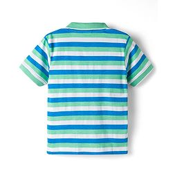 Babyhug Cotton Knit Half Sleeves Striped Polo T-Shirt with Football Player of the Year Embroidery - White Blue & Green
