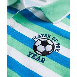 Babyhug Cotton Knit Half Sleeves Striped Polo T-Shirt with Football Player of the Year Embroidery - White Blue & Green