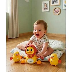 Babyhug Magnetic Crawling Duck Toy Set - Yellow| Music & LED Lights| Dancing Mother Duck| Visual & Auditory Development| Battery Operated| Encourages Crawling| BIS Certified| Gifting Option for 6M+