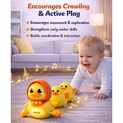 Babyhug Magnetic Crawling Duck Toy Set - Yellow| Music & LED Lights| Dancing Mother Duck| Visual & Auditory Development| Battery Operated| Encourages Crawling| BIS Certified| Gifting Option for 6M+