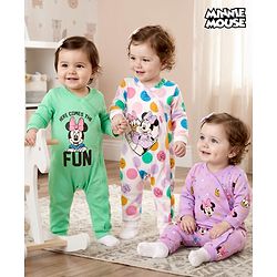 Babyhug Disney Interlock Knit Full Sleeves Rompers With Minnie & Friends Graphics Pack of 3 - Multicolor