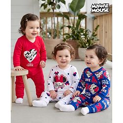 Babyhug Disney Interlock Knit Full Sleeves Romper with Minnie Mouse Graphic Pack of 3- Red Blue & White
