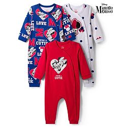 Babyhug Disney Interlock Knit Full Sleeves Romper with Minnie Mouse Graphic Pack of 3- Red Blue & White