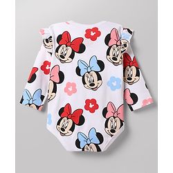 Babyhug Disney 100% Cotton Interlock Knit Full Sleeves Frock Style Onesie with Cap, Mitten and Booties with Minnie Mouse Graphic & Floral Print - White