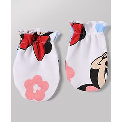 Babyhug Disney 100% Cotton Interlock Knit Full Sleeves Frock Style Onesie with Cap, Mitten and Booties with Minnie Mouse Graphic & Floral Print - White