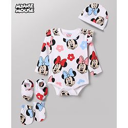 Babyhug Disney 100% Cotton Interlock Knit Full Sleeves Frock Style Onesie with Cap, Mitten and Booties with Minnie Mouse Graphic & Floral Print - White