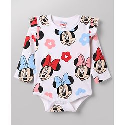 Babyhug Disney 100% Cotton Interlock Knit Full Sleeves Frock Style Onesie with Cap, Mitten and Booties with Minnie Mouse Graphic & Floral Print - White