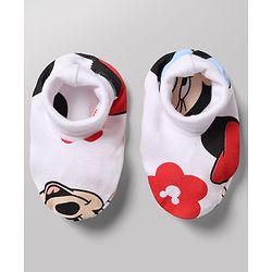 Babyhug Disney 100% Cotton Interlock Knit Full Sleeves Frock Style Onesie with Cap, Mitten and Booties with Minnie Mouse Graphic & Floral Print - White