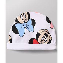 Babyhug Disney 100% Cotton Interlock Knit Full Sleeves Frock Style Onesie with Cap, Mitten and Booties with Minnie Mouse Graphic & Floral Print - White