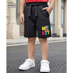 Babyhug Disney Terry Knit Above Knee Length Shorts with Mickey Mouse Graphic - Black