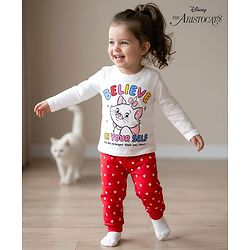 Babyhug Disney Single Jersey Knit Full Sleeves T-Shirt & Pyjama Night Suit With Marie Graphics - White & Red