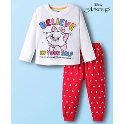 Babyhug Disney Single Jersey Knit Full Sleeves T-Shirt & Pyjama Night Suit With Marie Graphics - White & Red