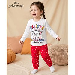 Babyhug Disney Single Jersey Knit Full Sleeves T-Shirt & Pyjama Night Suit With Marie Graphics - White & Red