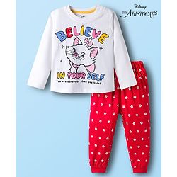 Babyhug Disney Single Jersey Knit Full Sleeves T-Shirt & Pyjama Night Suit With Marie Graphics - White & Red