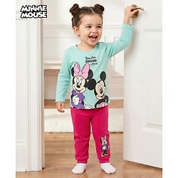 Babyhug Disney Single Jersey Knit Full Sleeve T-Shirt & Pyjama Night Suit Set with Minnie & Friends Graphic- Pink & Light Blue