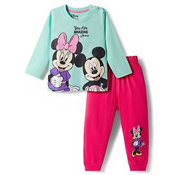 Babyhug Disney Single Jersey Knit Full Sleeve T-Shirt & Pyjama Night Suit Set with Minnie & Friends Graphic- Pink & Light Blue