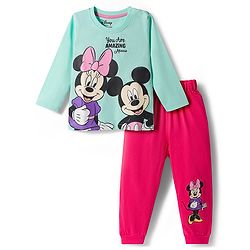 Babyhug Disney Single Jersey Knit Full Sleeve T-Shirt & Pyjama Night Suit Set with Minnie & Friends Graphic- Pink & Light Blue