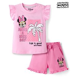 Babyhug Disney Single Jersey Knit Frill Sleeves T-Shirt & Shorts Set With Minnie Mouse Graphics - Pink