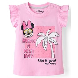 Babyhug Disney Single Jersey Knit Frill Sleeves T-Shirt & Shorts Set With Minnie Mouse Graphics - Pink