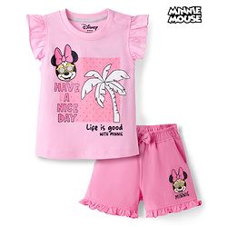 Babyhug Disney Single Jersey Knit Frill Sleeves T-Shirt & Shorts Set With Minnie Mouse Graphics - Pink