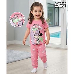 Babyhug Disney Single Jersey Knit Half Sleeve T-Shirt &  Pyjama Night Suit Set with Minnie Mouse Graphic- Pink