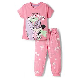 Babyhug Disney Single Jersey Knit Half Sleeve T-Shirt &  Pyjama Night Suit Set with Minnie Mouse Graphic- Pink