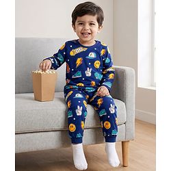 Babyhug Cotton Knit Half Sleeves Co-ords T-Shirt & Pajama Night Suit with Skating Theme Print - Navy Blue
