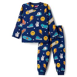Babyhug Cotton Knit Half Sleeves Co-ords T-Shirt & Pajama Night Suit with Skating Theme Print - Navy Blue