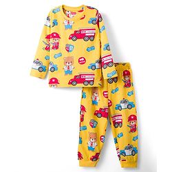 Babyhug Cotton Knit Full Sleeves T-Shirt & Lounge Pant Co-ords Night Suit With Vehicle Print - Yellow