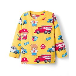 Babyhug Cotton Knit Full Sleeves T-Shirt & Lounge Pant Co-ords Night Suit With Vehicle Print - Yellow