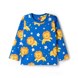 Babyhug Cotton Knit Full Sleeves T-Shirt & Lounge Pant Co-ords Night Suit With Lion Print - Blue