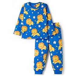 Babyhug Cotton Knit Full Sleeves T-Shirt & Lounge Pant Co-ords Night Suit With Lion Print - Blue