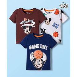 Babyhug Disney Single Jersey Knit Half Sleeves T-Shirts with Mickey Mouse Graphic Pack of 3 - Navy Blue White & Maroon